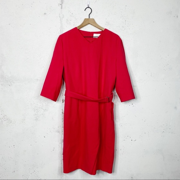 Hugo Boss Dresses & Skirts - Boss Hugo Boss Belted Sheath Red Career 3/4 Sleeve Dress Size 14